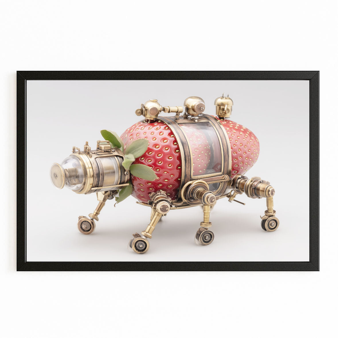 Steampunk Strawberry Fruit Wall Art – with Premium Black frame on white background