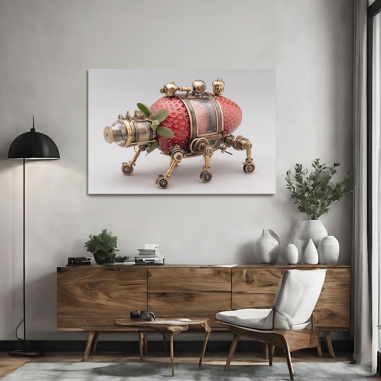 Steampunk Strawberry Fruit Wall Art – styled in a furnished interior