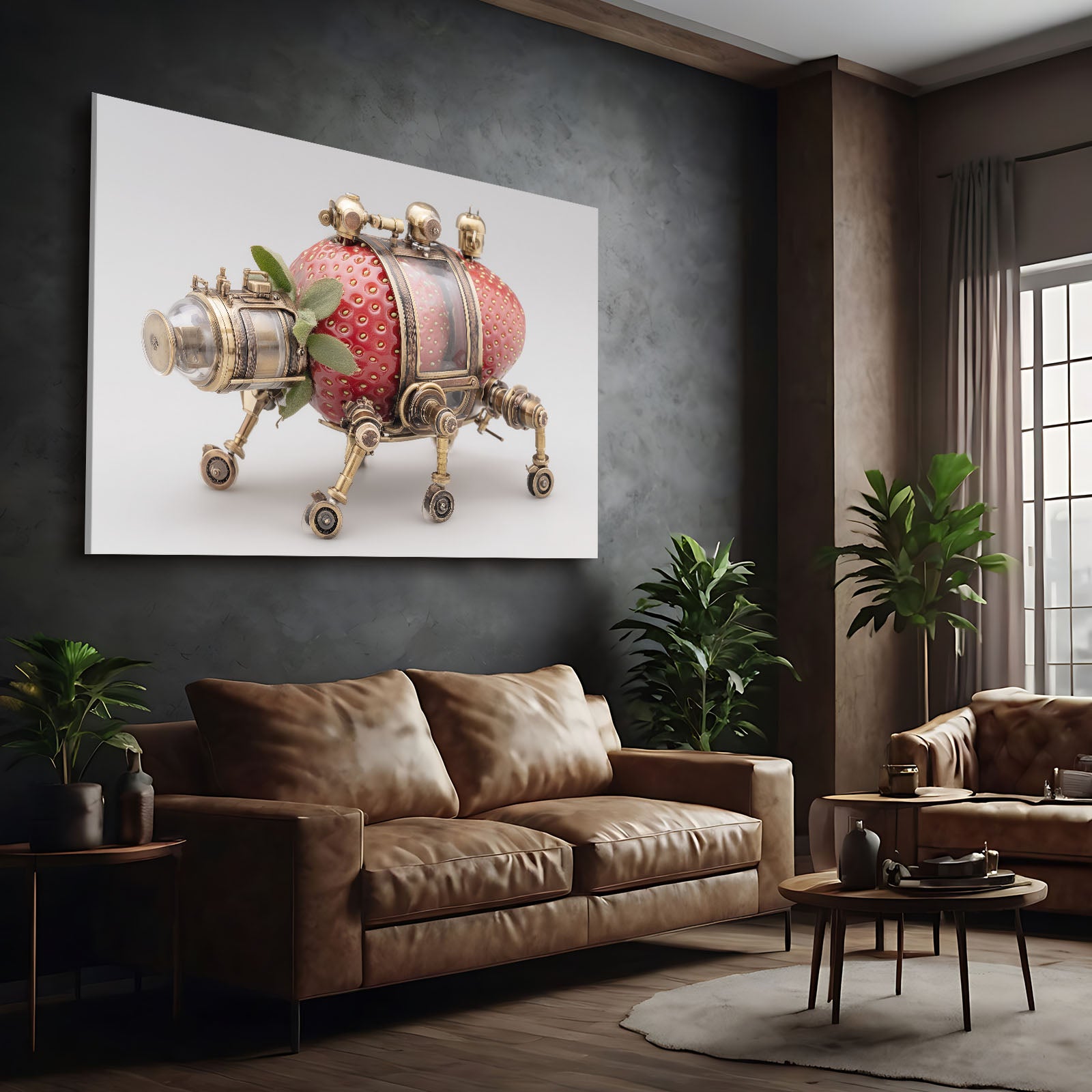 Steampunk Strawberry Fruit Wall Art – styled in a furnished interior