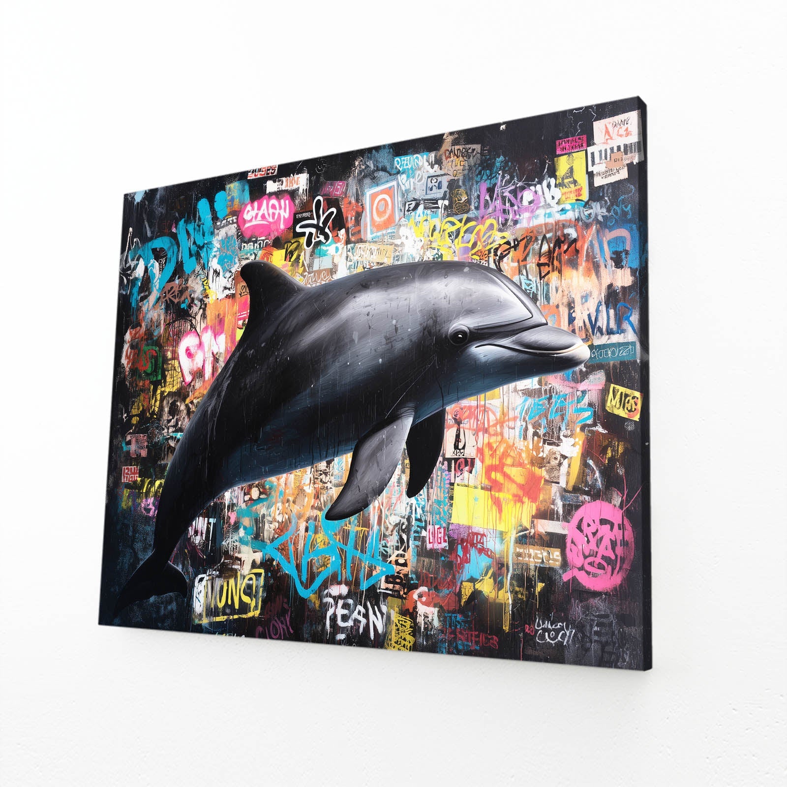 Sticker Wall Dolphin Art – angled canvas view on white background