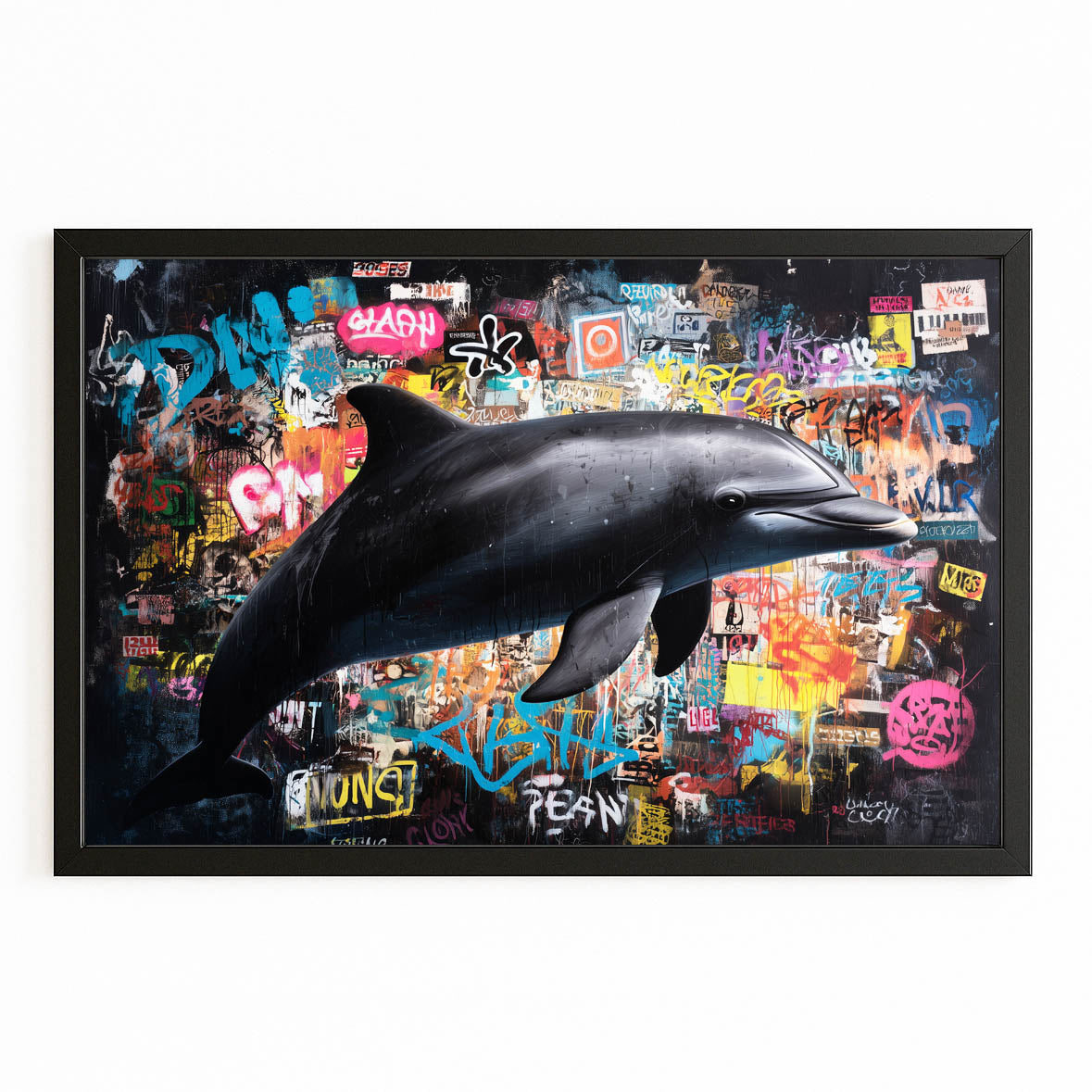 Sticker Wall Dolphin Art – with Premium Black wood frame on white background