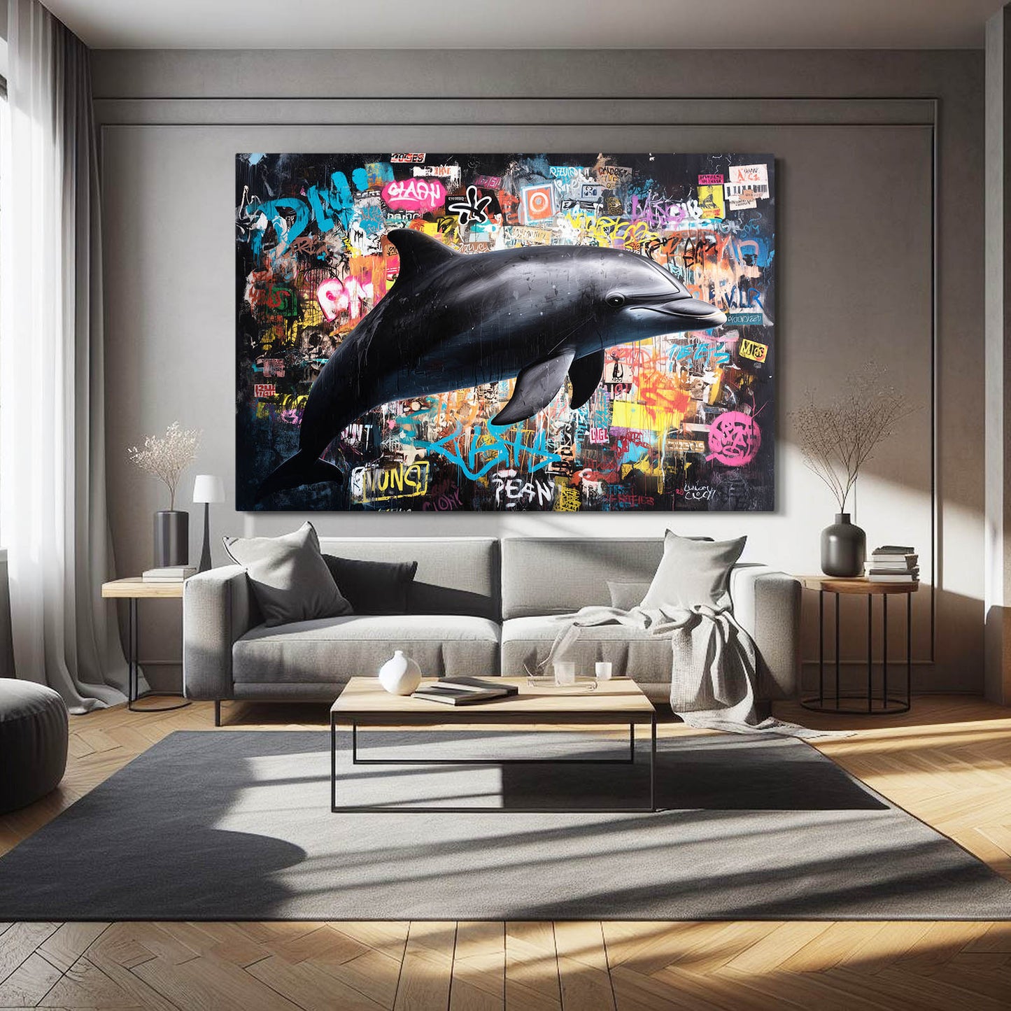 Sticker Wall Dolphin Art – styled in a furnished interior