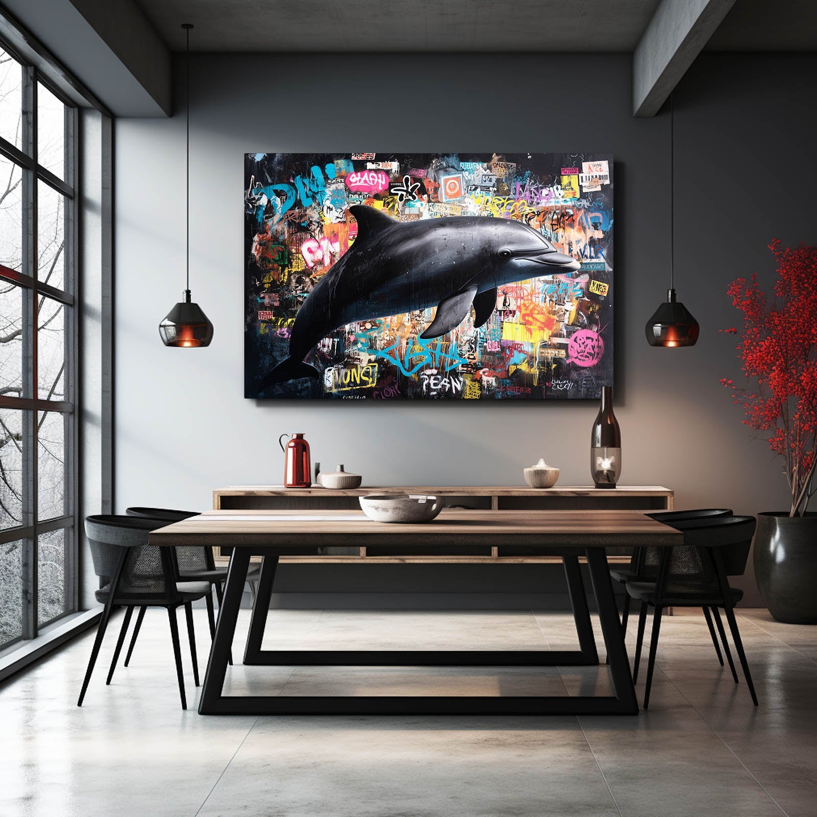 Sticker Wall Dolphin Art – styled in a furnished interior