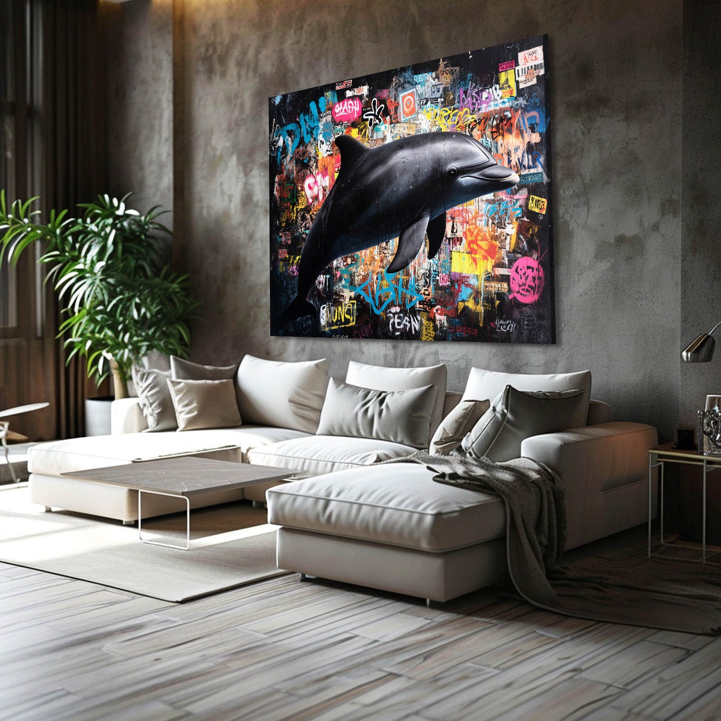Sticker Wall Dolphin Art – styled in a furnished interior