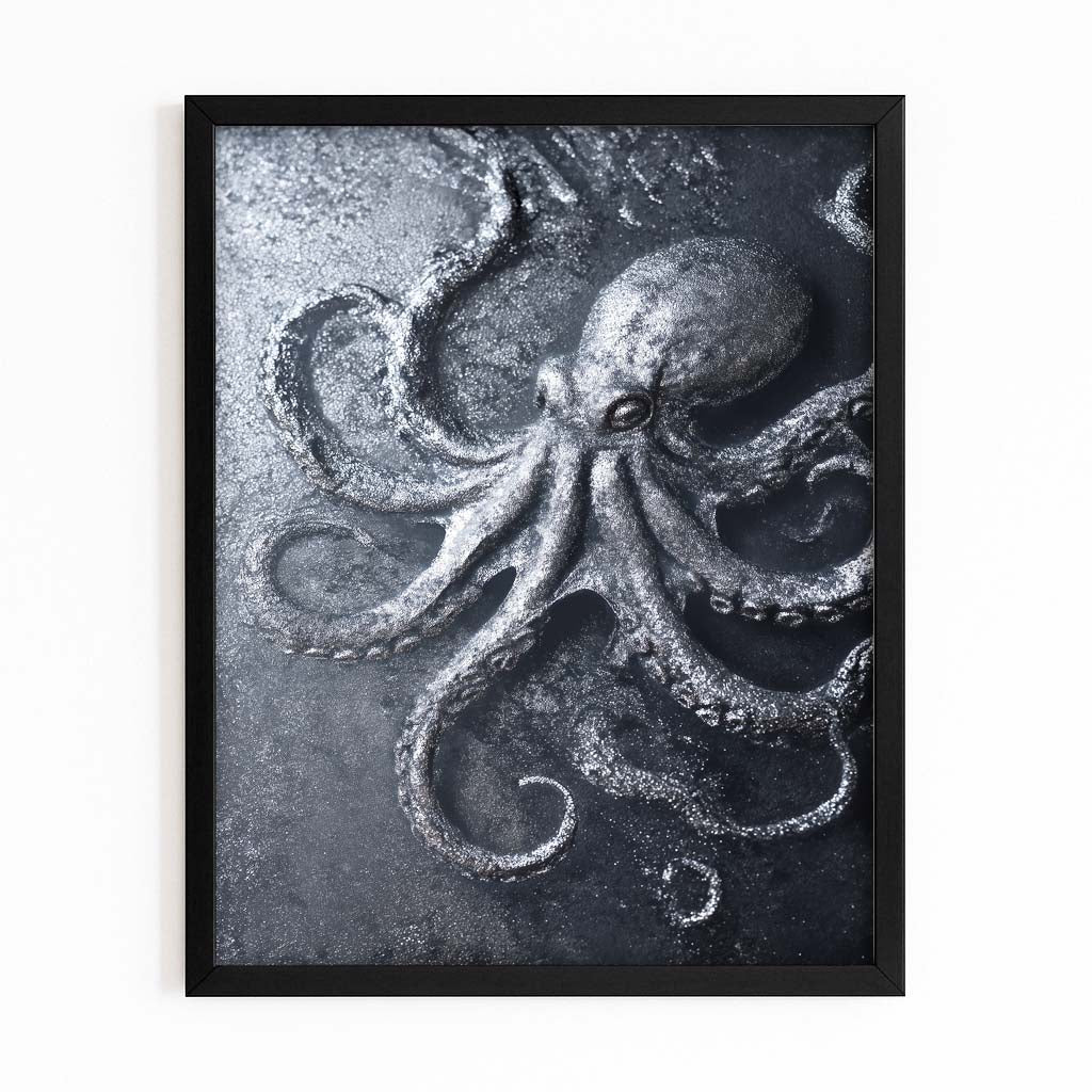 Stone Carved Relief Octopus Wall Art – with Premium Black frame on white background
