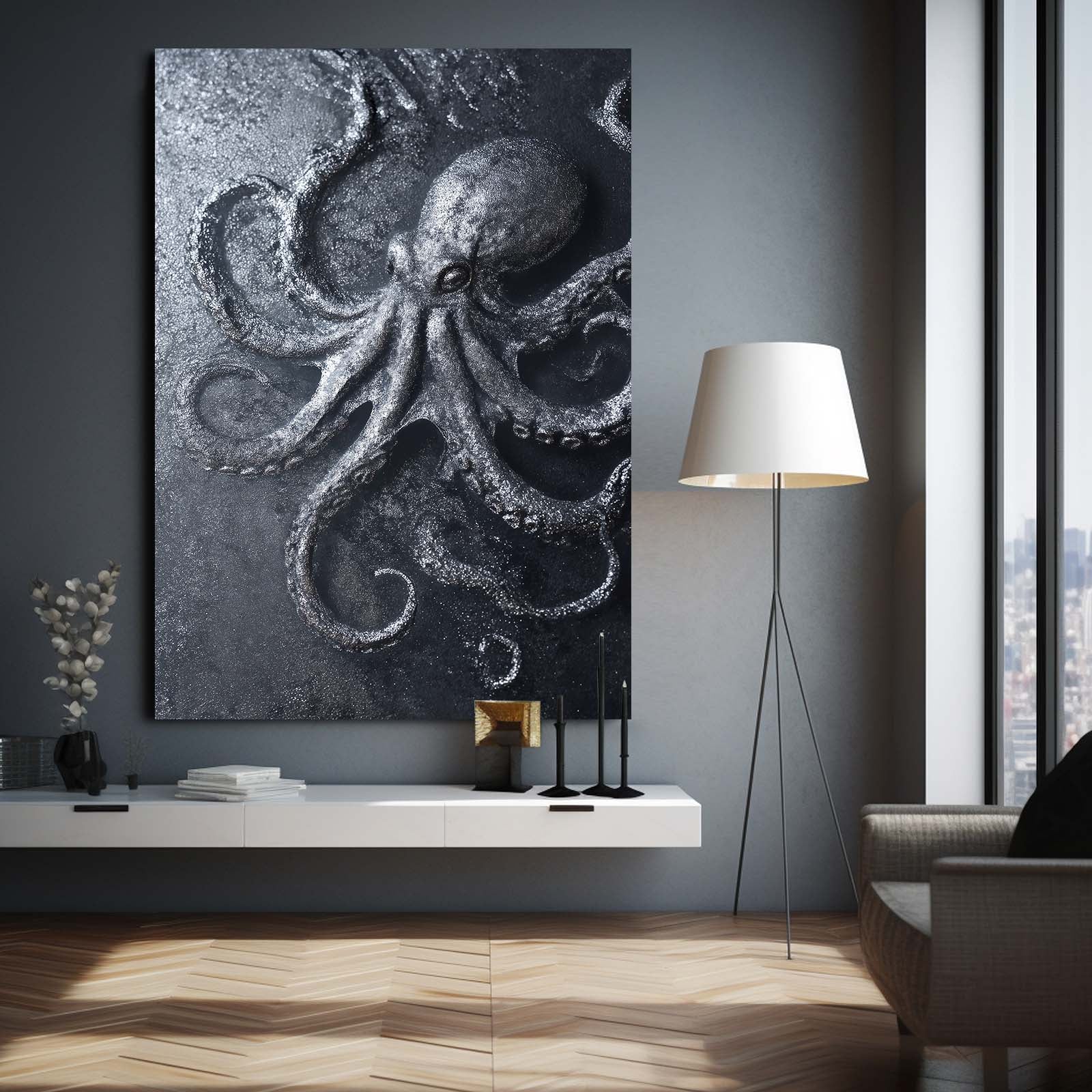 Stone Carved Relief Octopus Wall Art – styled in a furnished interior