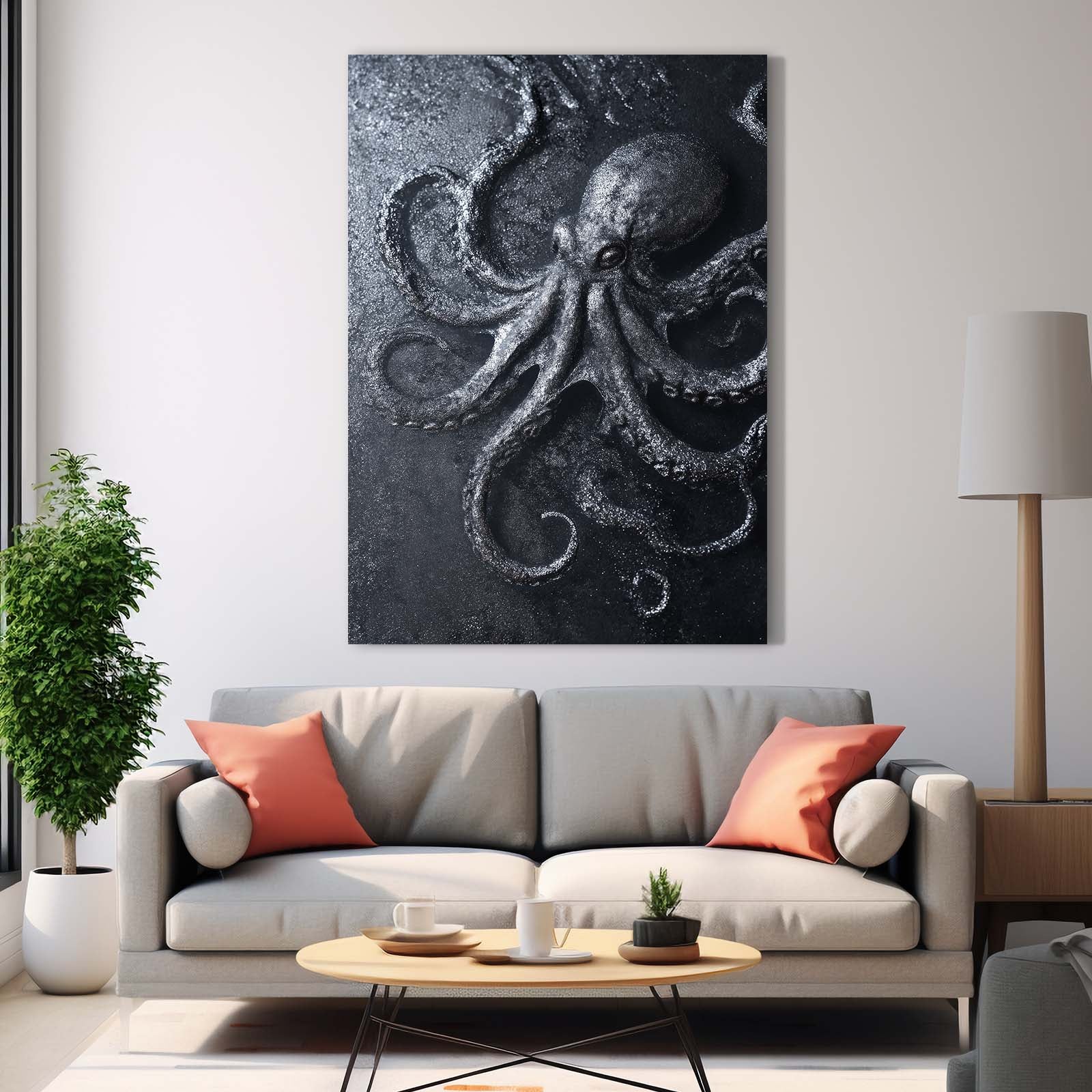 Stone Carved Relief Octopus Wall Art – styled in a furnished interior