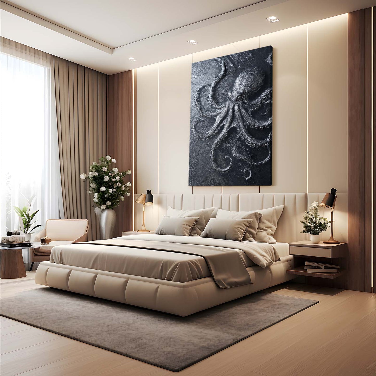 Stone Carved Relief Octopus Wall Art – styled in a furnished interior