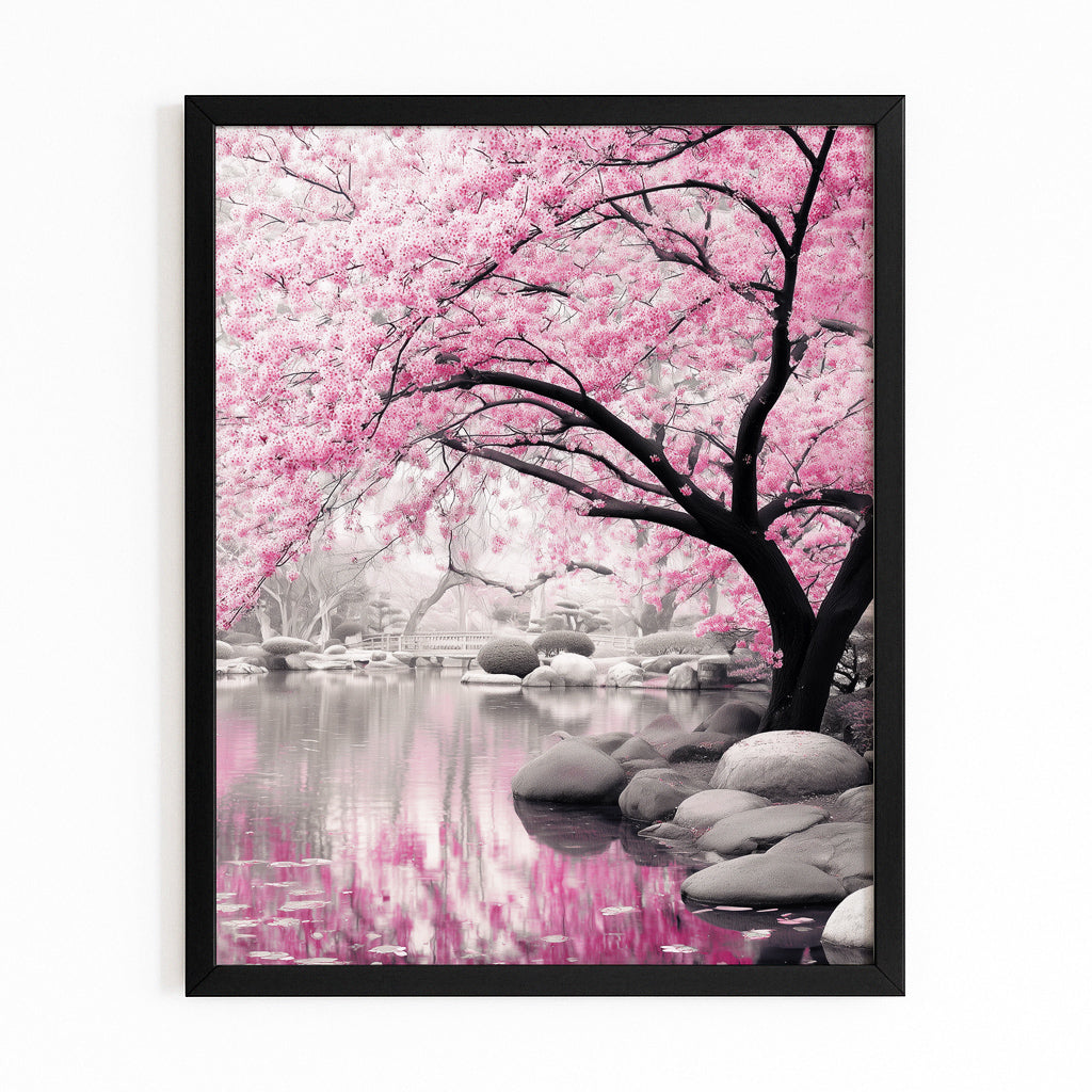 Stone Garden Pond Cherry Blossom Wall Decor – with Premium Black frame on white background