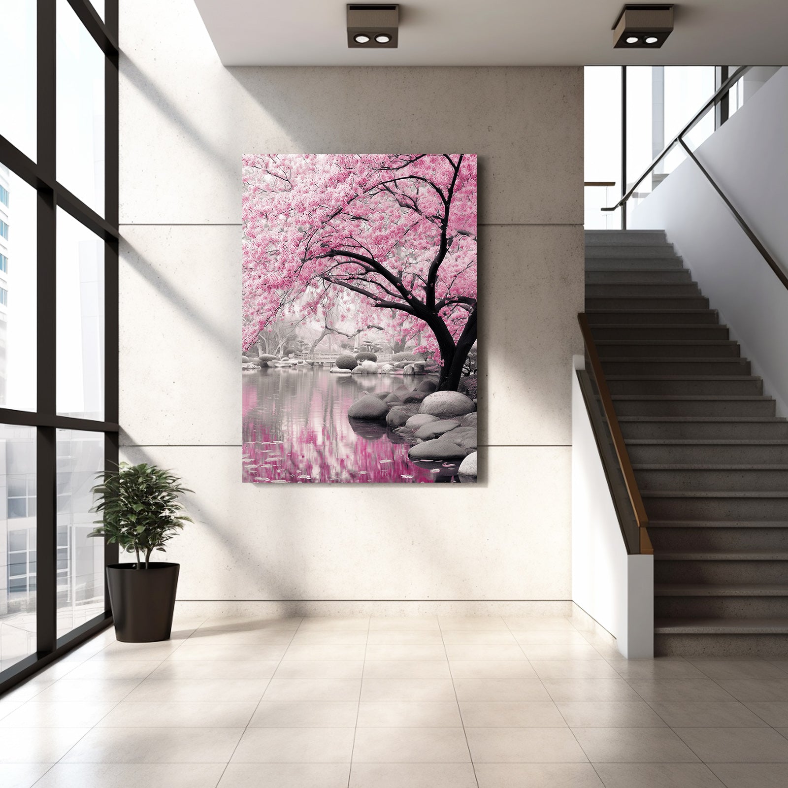 Stone Garden Pond Cherry Blossom Wall Decor – styled in a furnished interior