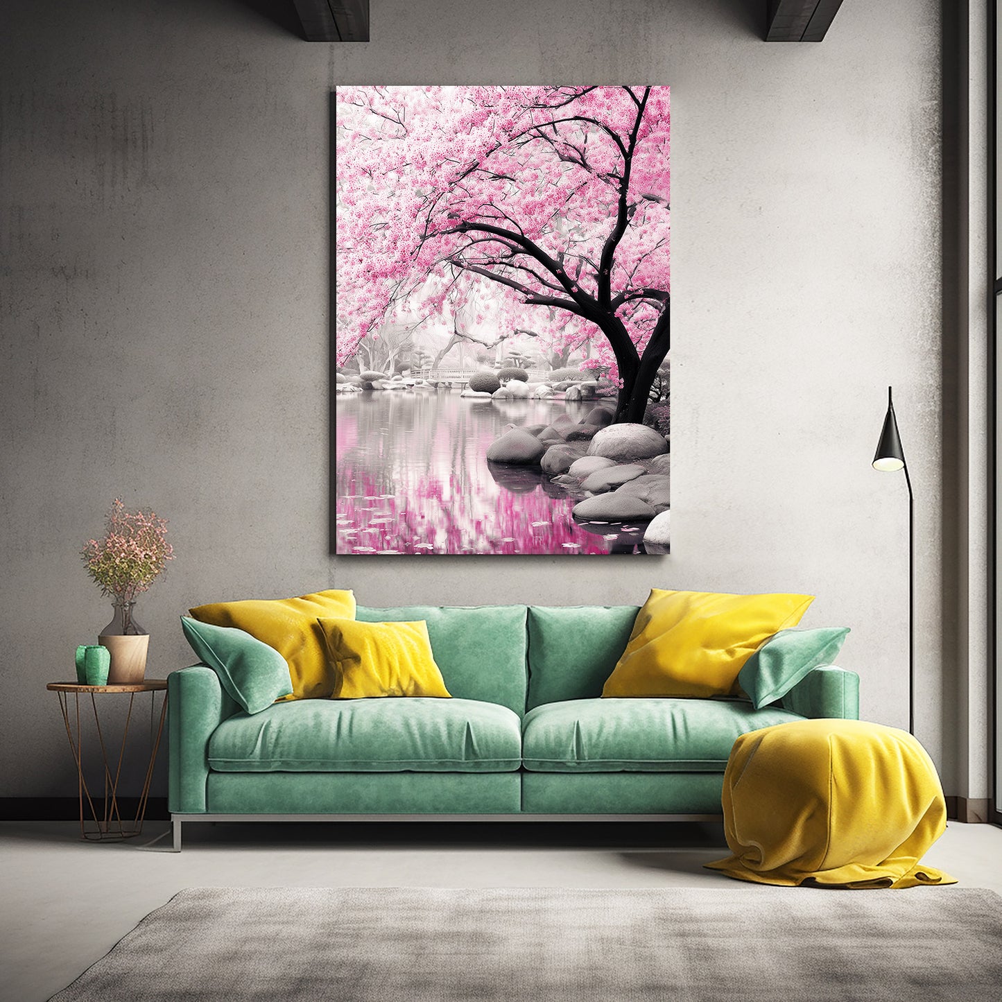 Stone Garden Pond Cherry Blossom Wall Decor – styled in a furnished interior