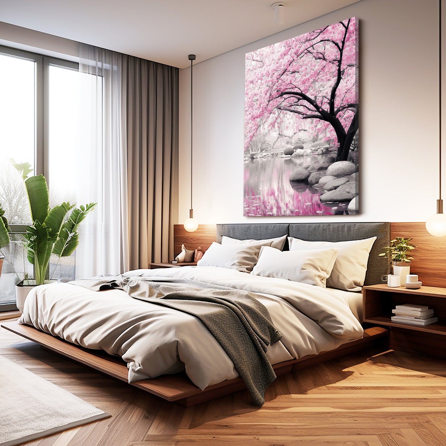 Stone Garden Pond Cherry Blossom Wall Decor – styled in a furnished interior