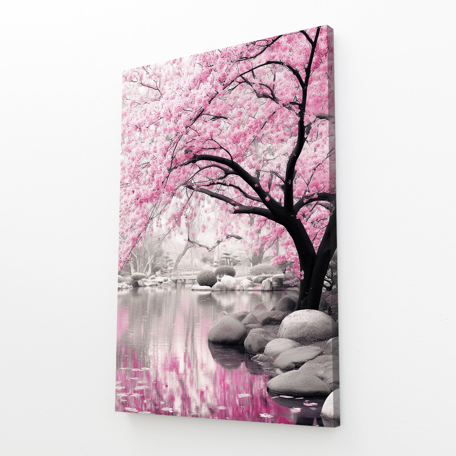 Stone Garden Pond Cherry Blossom Wall Decor – angled canvas view on white background