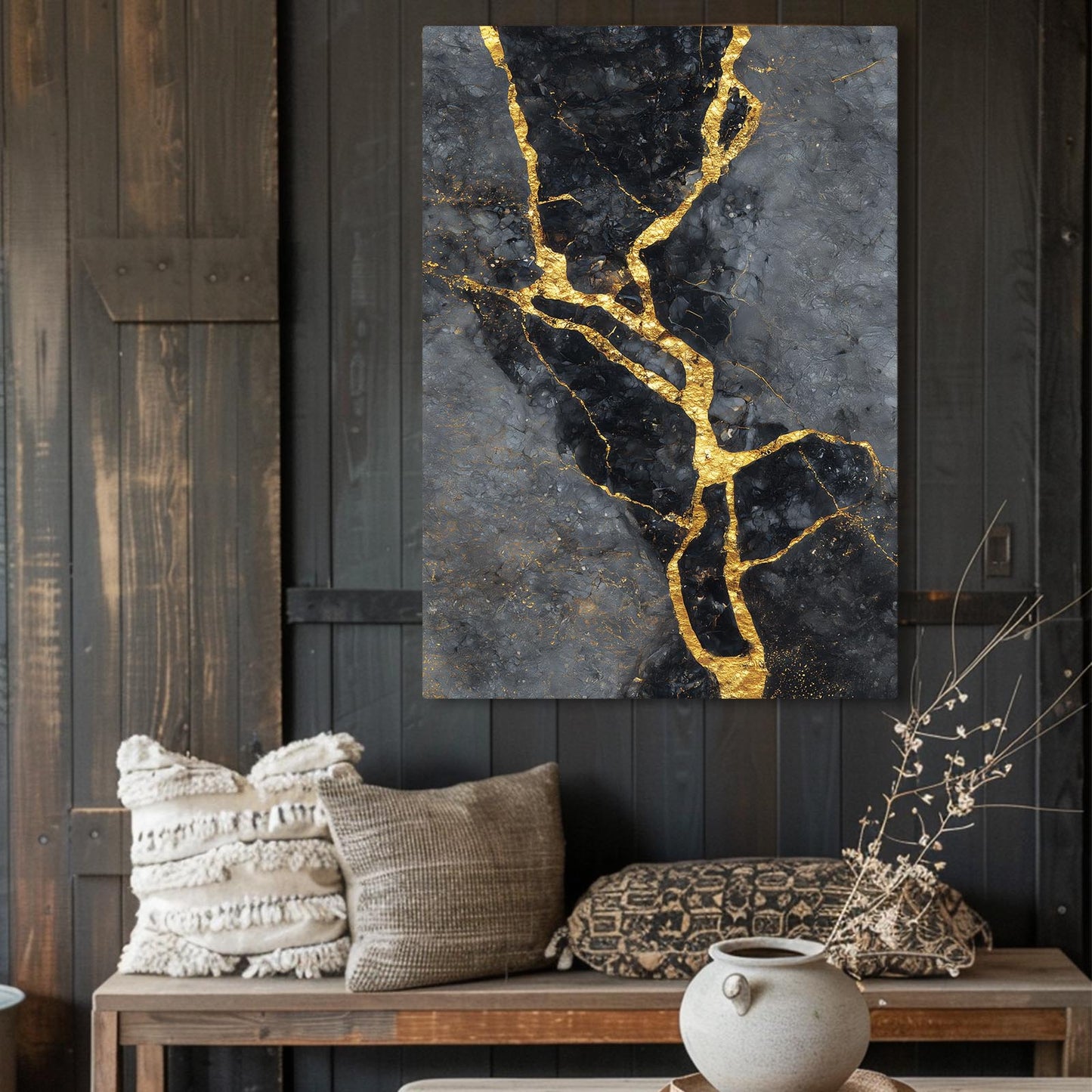 Stone Gold Seam Wall Art – styled in a furnished interior