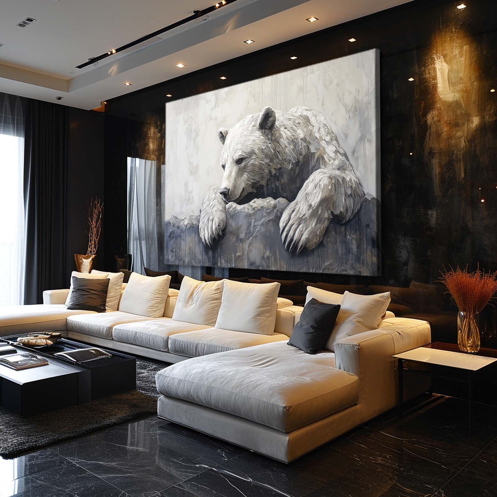 Stone Ledge Rest Bear Prints — contemporary canvas print, styled in a furnished interior