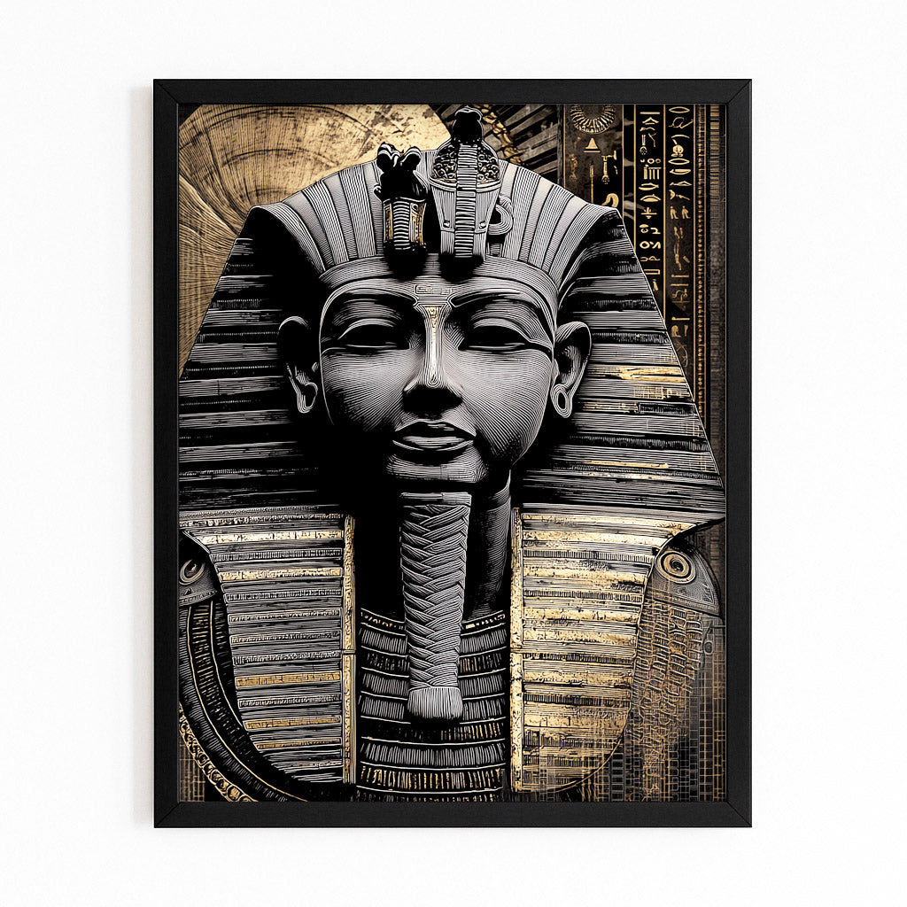 Stone Pharaoh Bust Egyptian Art – with Premium Black frame on white background