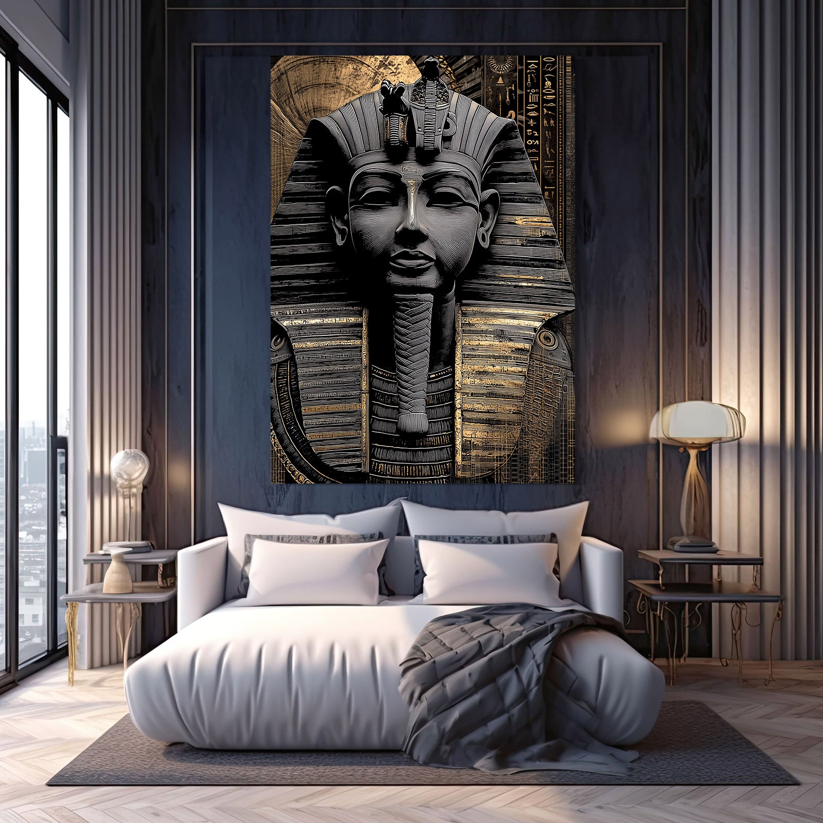 Stone Pharaoh Bust Egyptian Art – styled in a furnished interior
