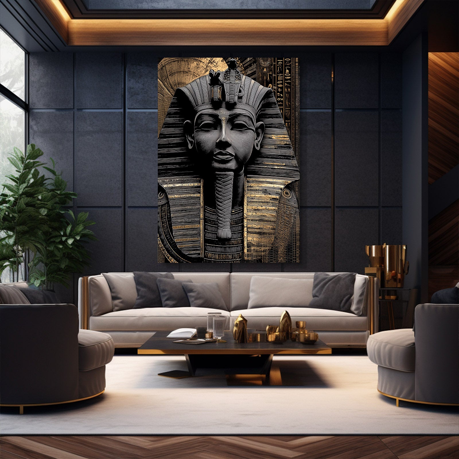 Stone Pharaoh Bust Egyptian Art – styled in a furnished interior