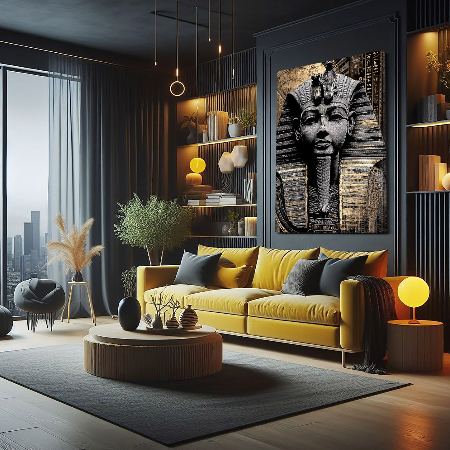 Stone Pharaoh Bust Egyptian Art – styled in a furnished interior