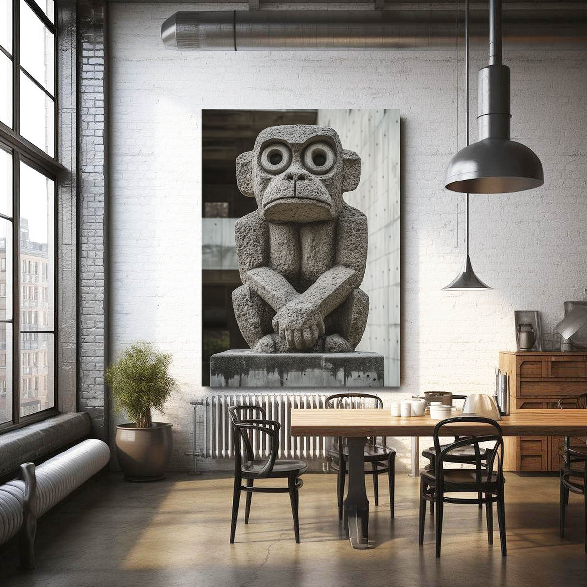 Stone Temple Statue Monkey Prints — photography canvas print, styled in a furnished interior