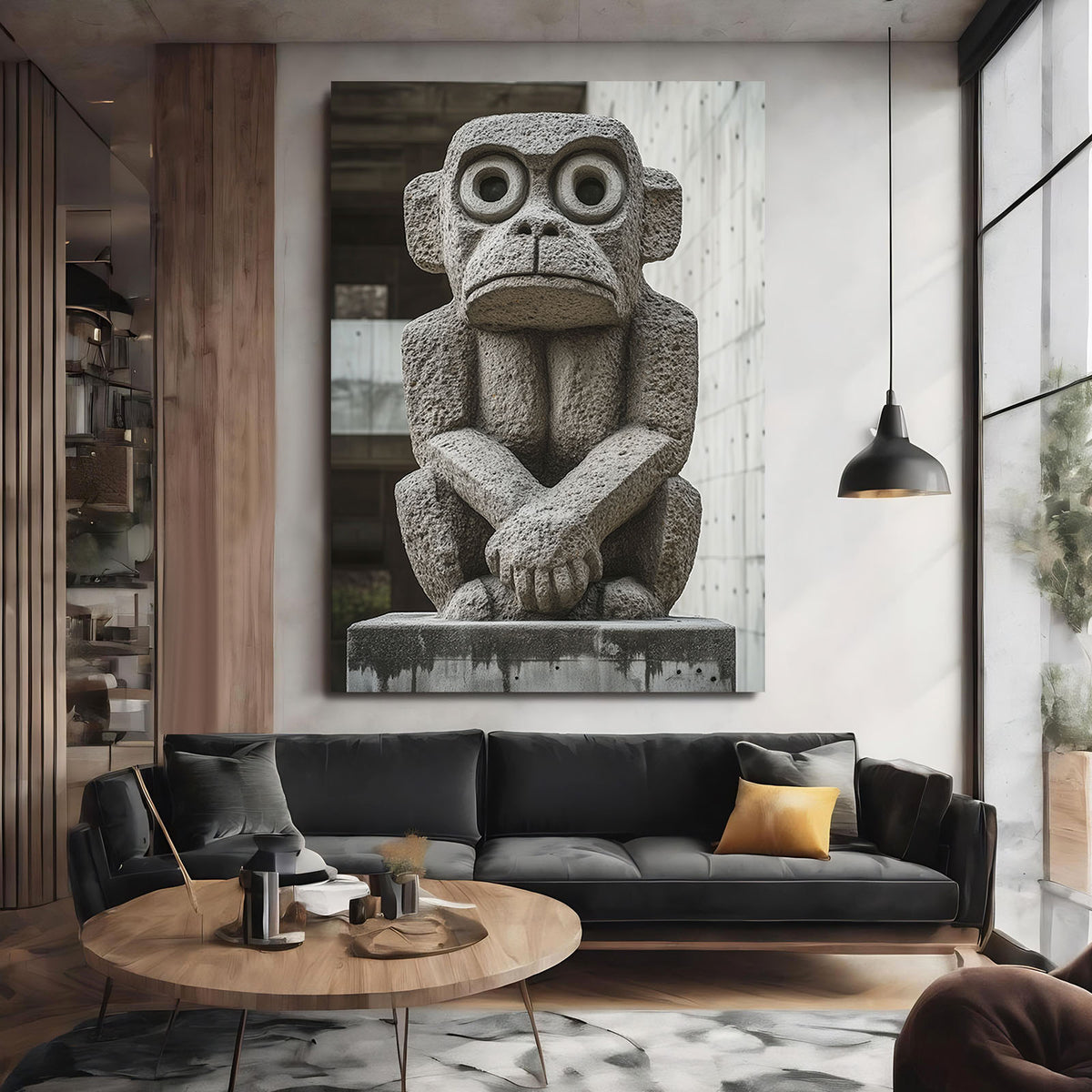 Stone Temple Statue Monkey Prints — photography canvas print, styled in a furnished interior