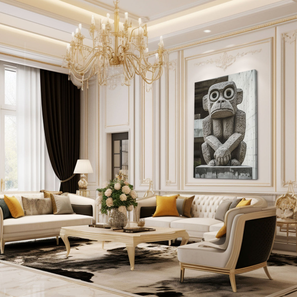 Stone Temple Statue Monkey Prints — photography canvas print, styled in a furnished interior