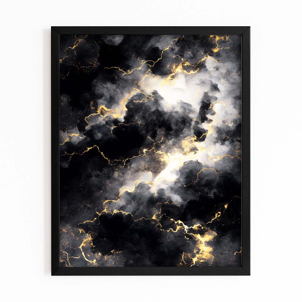 Storm Cloud Veins Gold Wall Art – with Premium Black frame on white background
