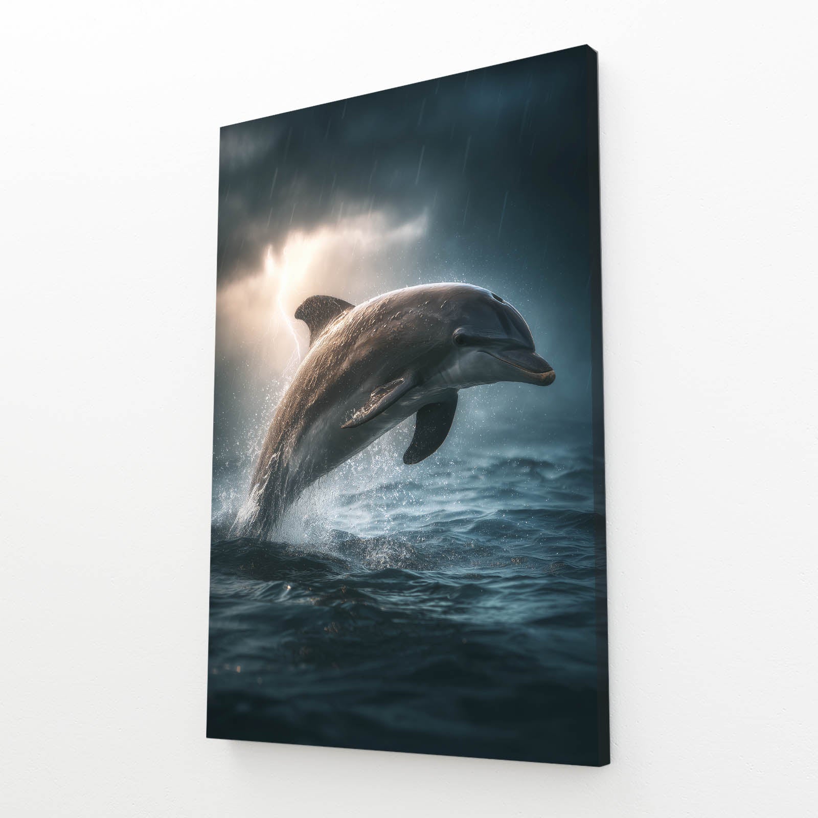 Storm Light Dolphin Canvas – angled canvas view on white background