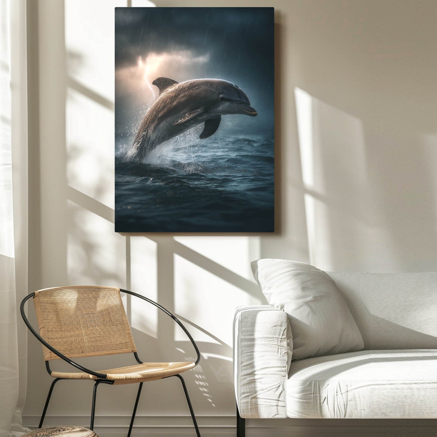Storm Light Dolphin Canvas – styled in a furnished interior