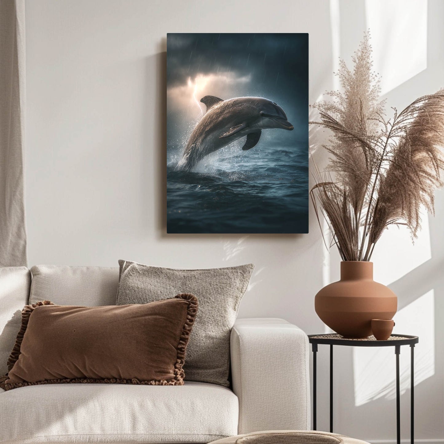 Storm Light Dolphin Canvas – styled in a furnished interior