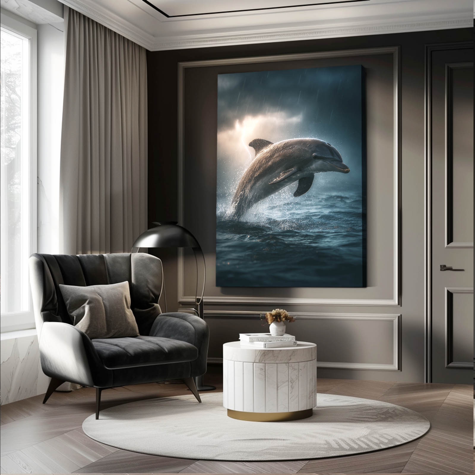 Storm Light Dolphin Canvas – styled in a furnished interior
