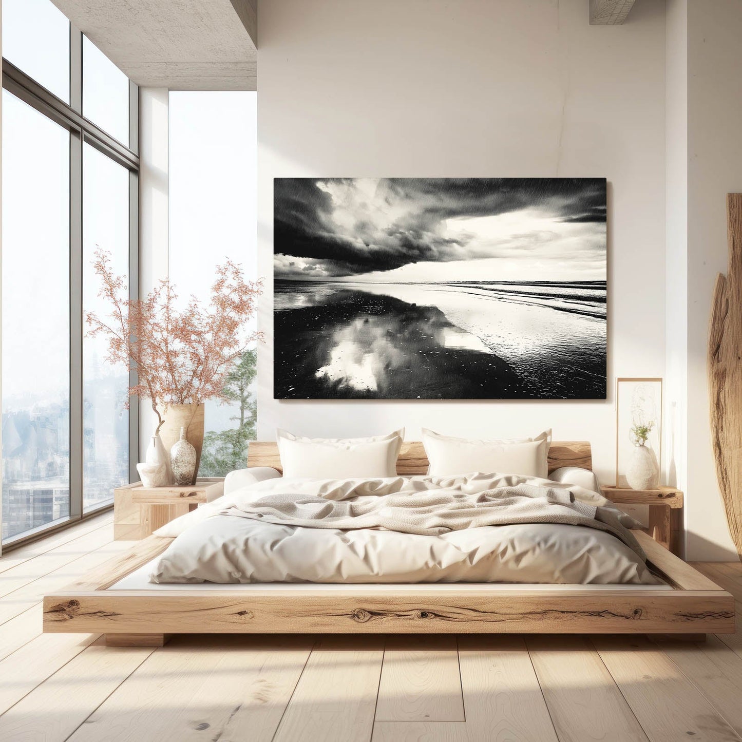 Storm Mirror Ocean Photography – above a low platform bed in a bright bedroom