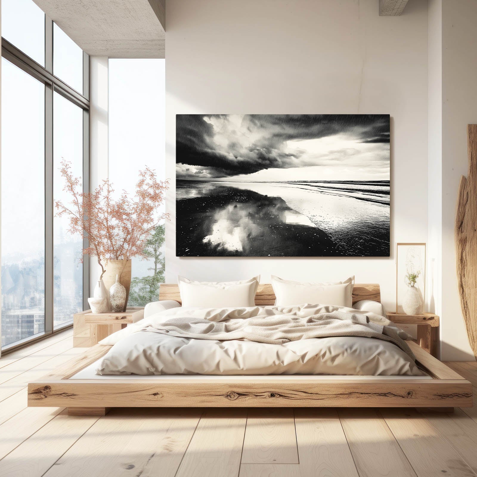 Storm Mirror Ocean Photography – above a low platform bed in a bright bedroom