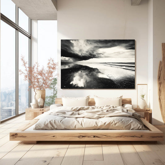 Storm Mirror Ocean Photography – above a low platform bed in a bright bedroom