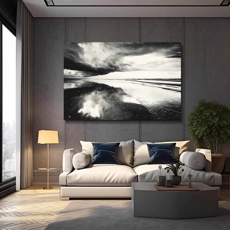 Storm Mirror Ocean Photography – above a cream sofa in a dark lamp-lit lounge