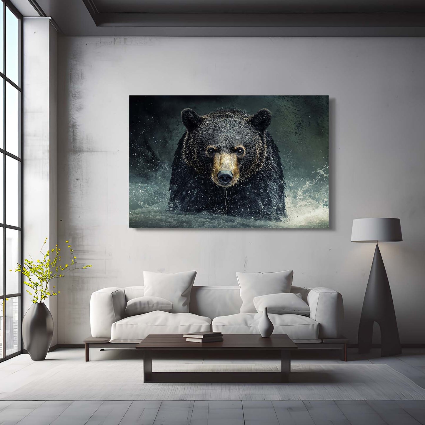 Storm River Charge Bear Canvas Art — contemporary canvas print, styled in a furnished interior