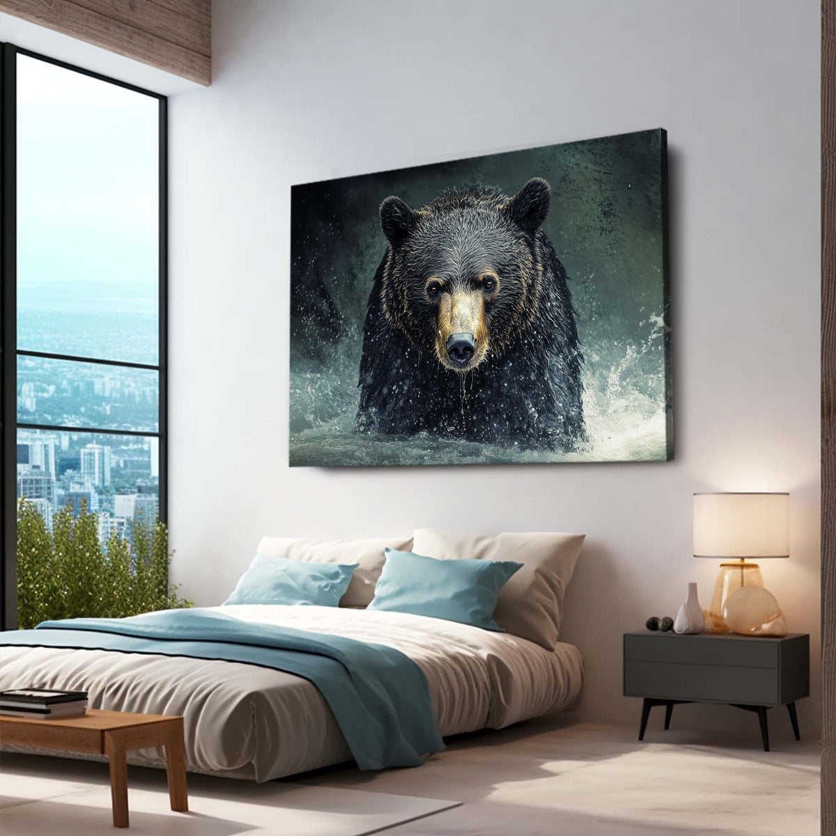 Storm River Charge Bear Canvas Art — contemporary canvas print, styled in a furnished interior
