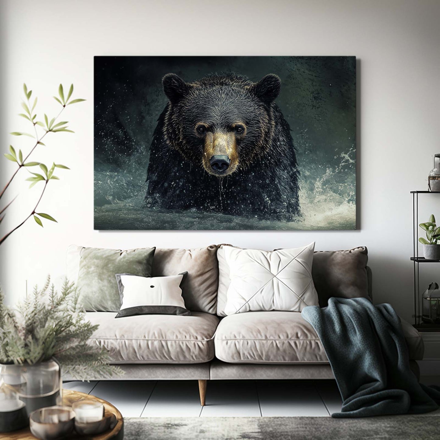 Storm River Charge Bear Canvas Art — contemporary canvas print, styled in a furnished interior