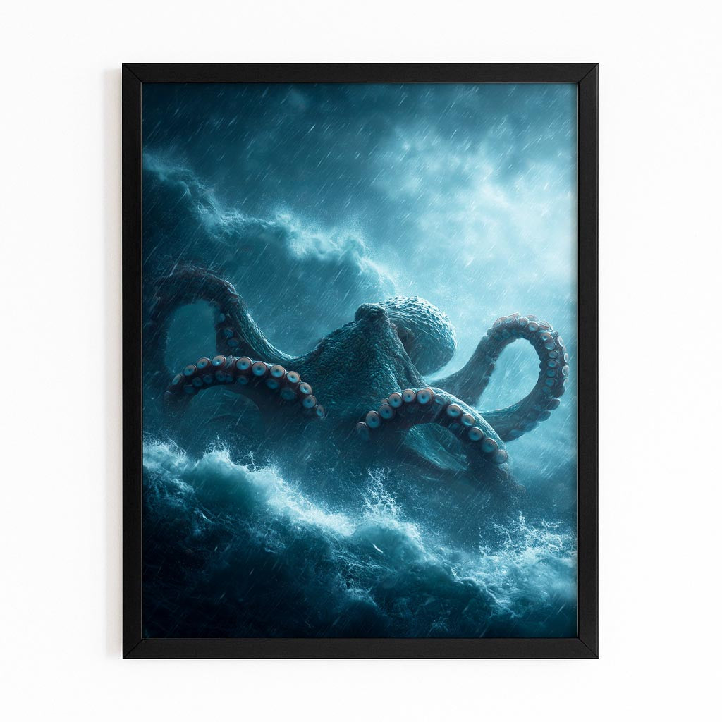 Storm Tentacle Rise Octopus Canvas Art – with Premium Black frame on white background
