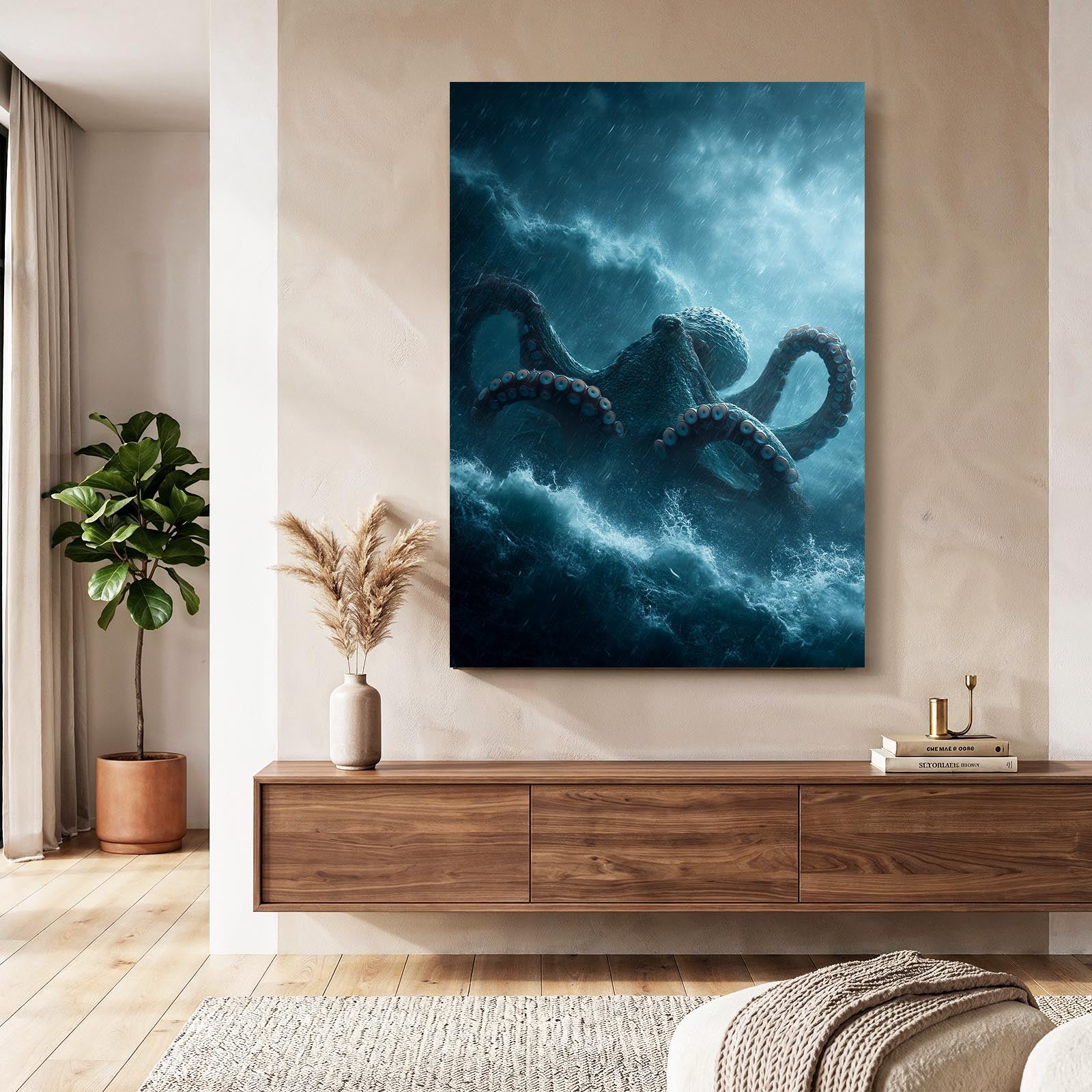 Storm Tentacle Rise Octopus Canvas Art – styled in a furnished interior