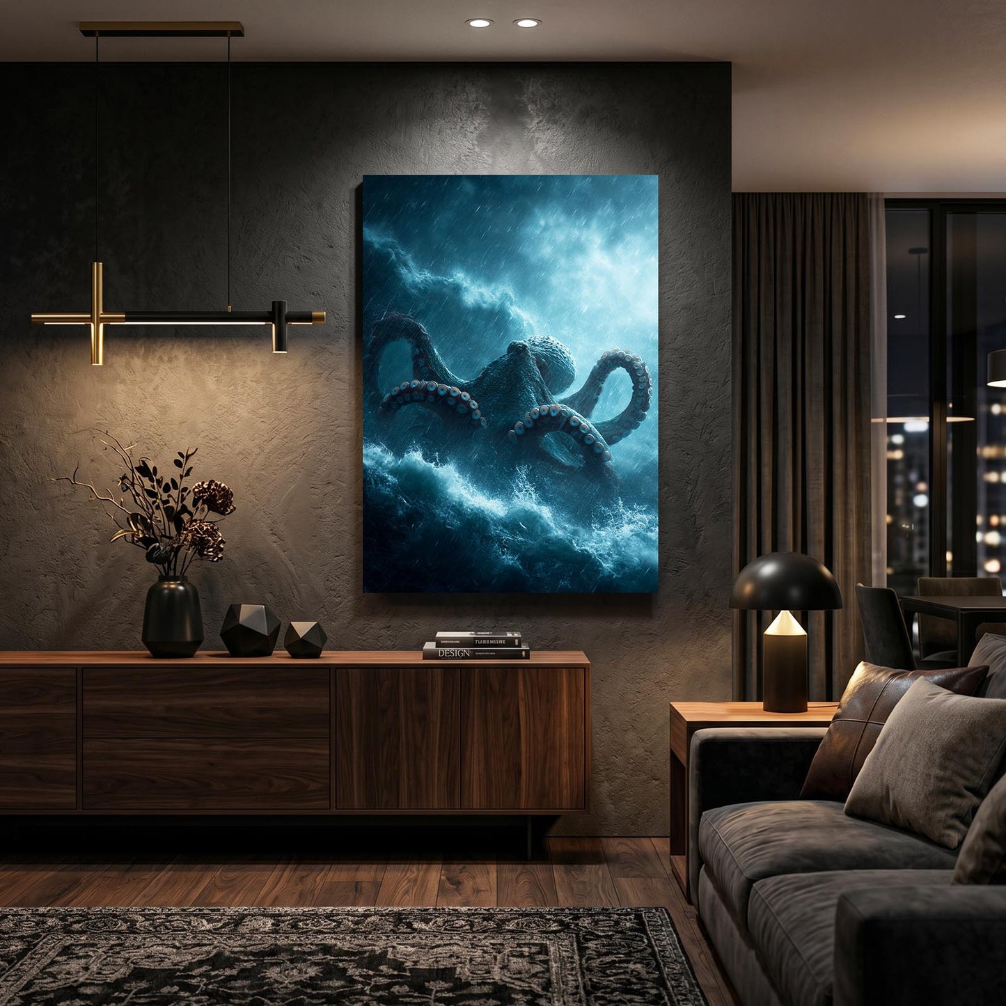 Storm Tentacle Rise Octopus Canvas Art – styled in a furnished interior