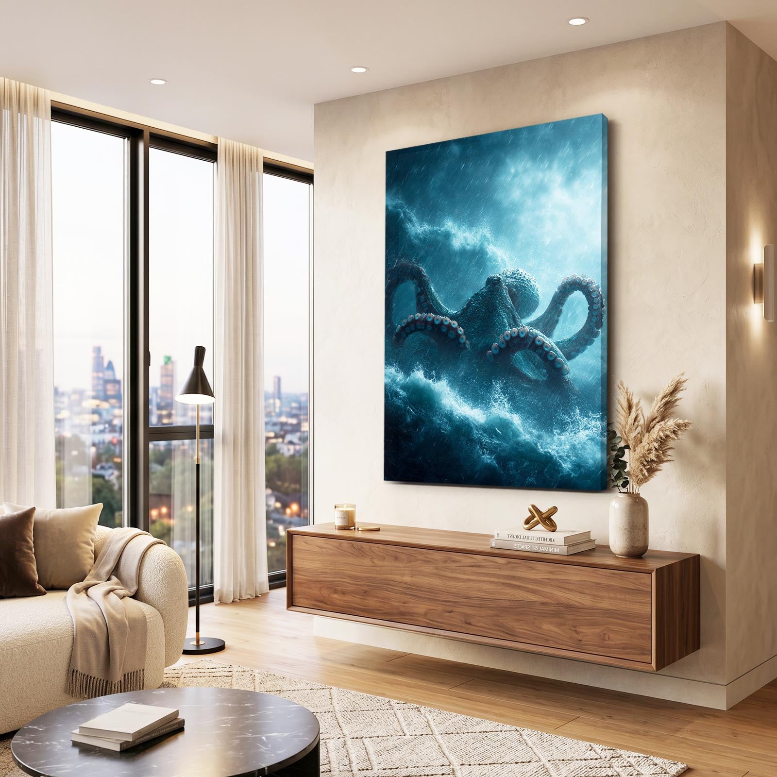 Storm Tentacle Rise Octopus Canvas Art – styled in a furnished interior
