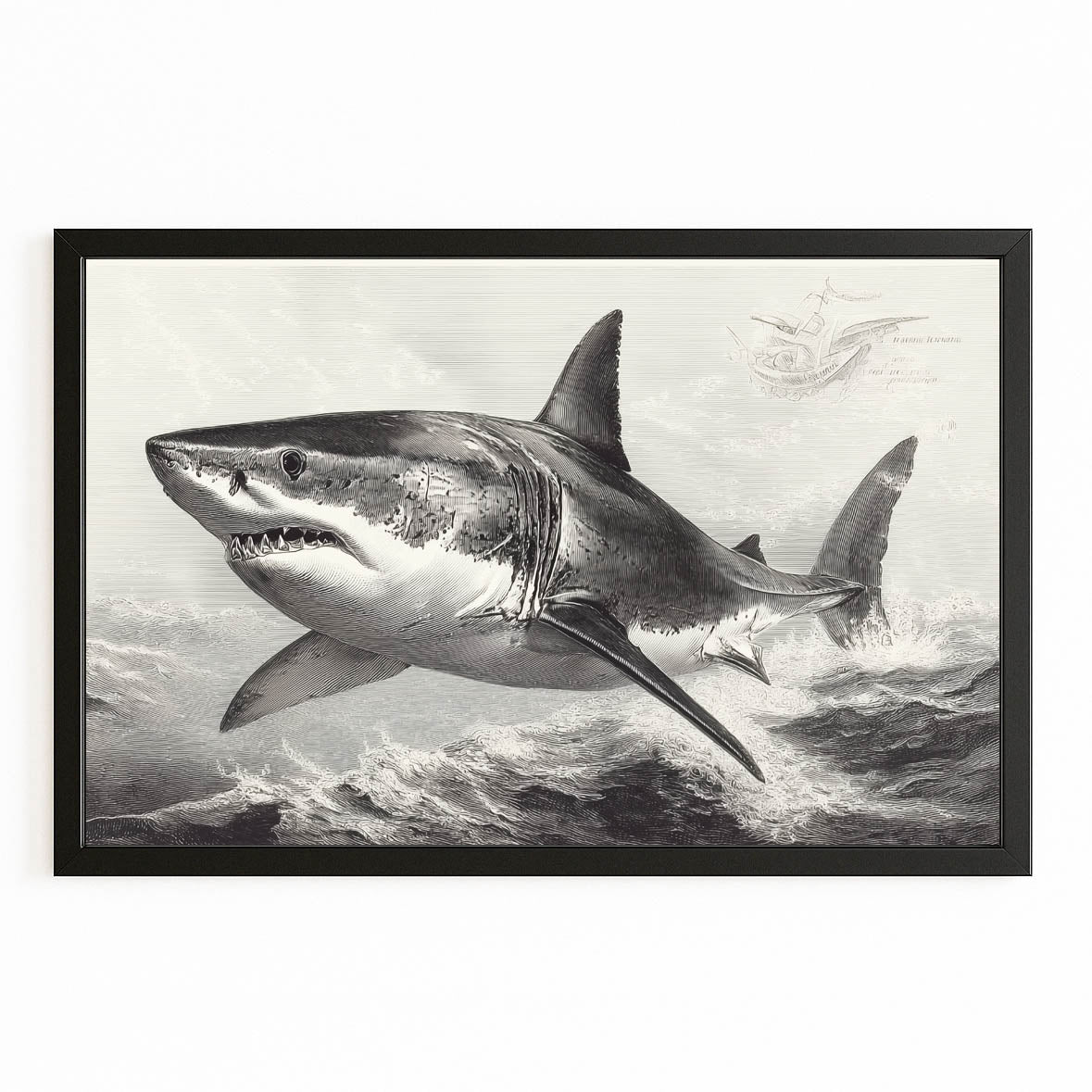 Storm Wave Sketch Shark Prints – with Premium Black frame on white background