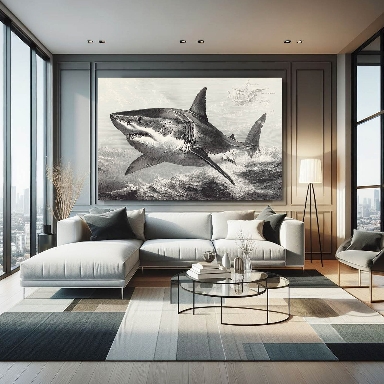 Storm Wave Sketch Shark Prints – styled in a furnished interior