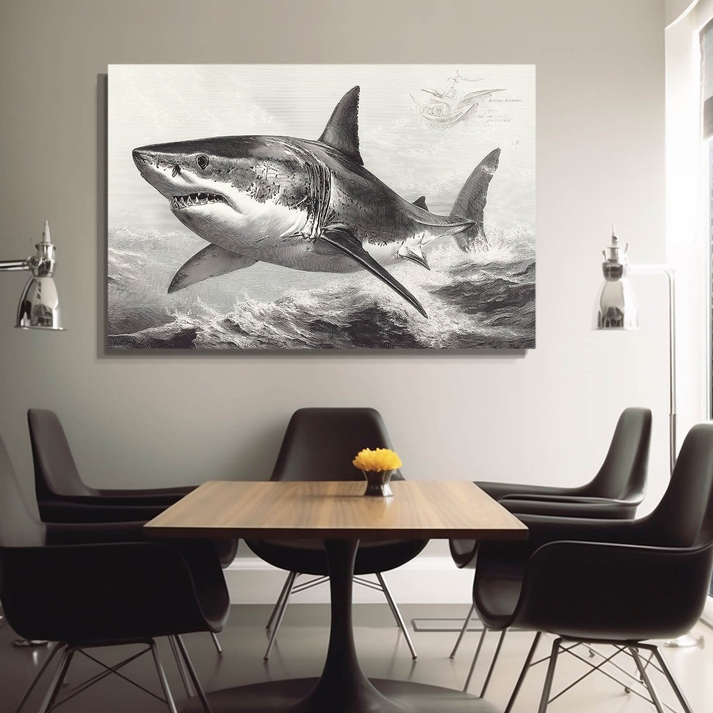 Storm Wave Sketch Shark Prints – styled in a furnished interior