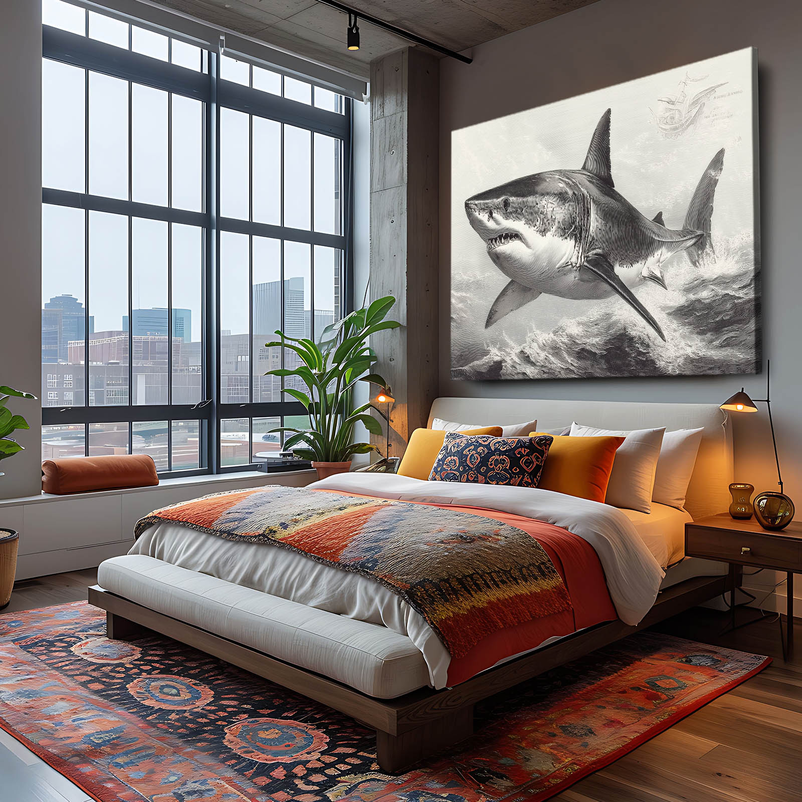 Storm Wave Sketch Shark Prints – styled in a furnished interior