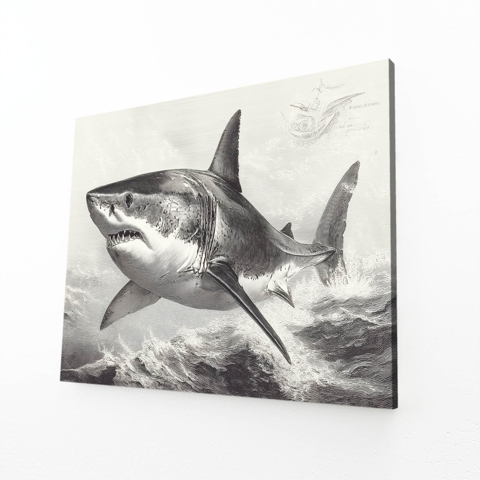 Storm Wave Sketch Shark Prints – angled canvas view on white background