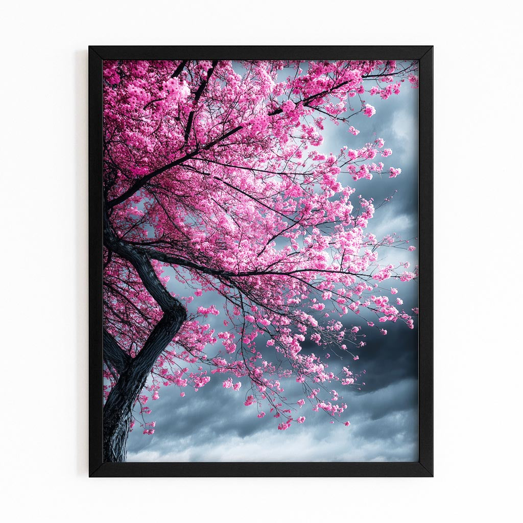 Stormy Sky Tree Cherry Blossom Wall Art – with Premium Black frame on white background