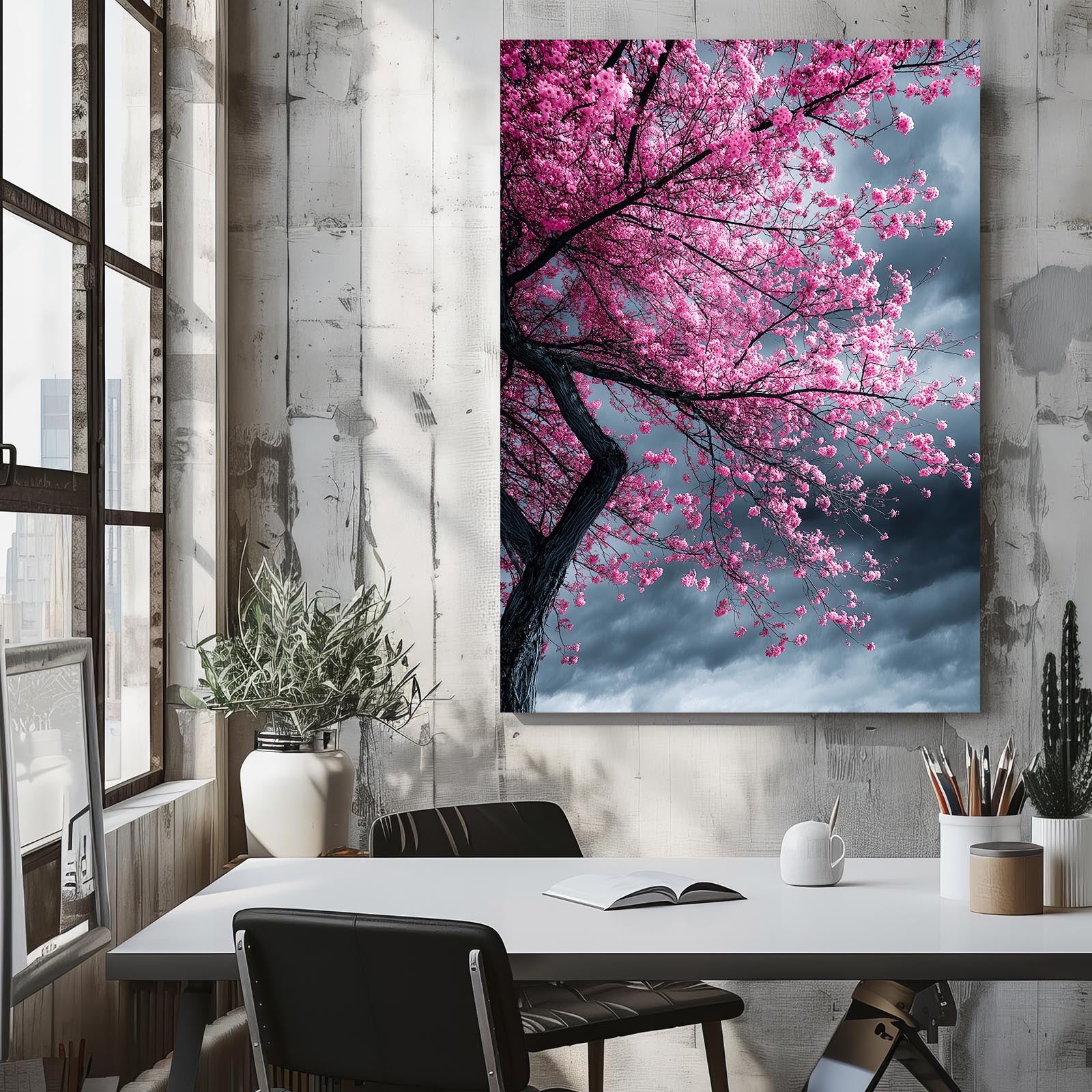 Stormy Sky Tree Cherry Blossom Wall Art – styled in a furnished interior