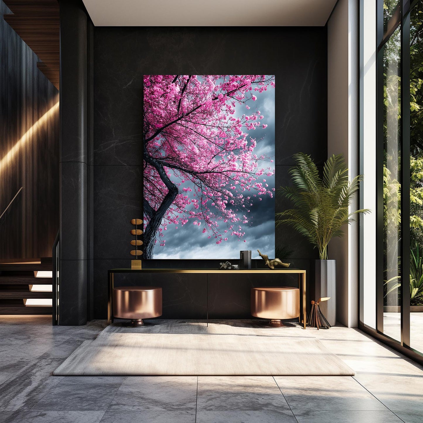 Stormy Sky Tree Cherry Blossom Wall Art – styled in a furnished interior